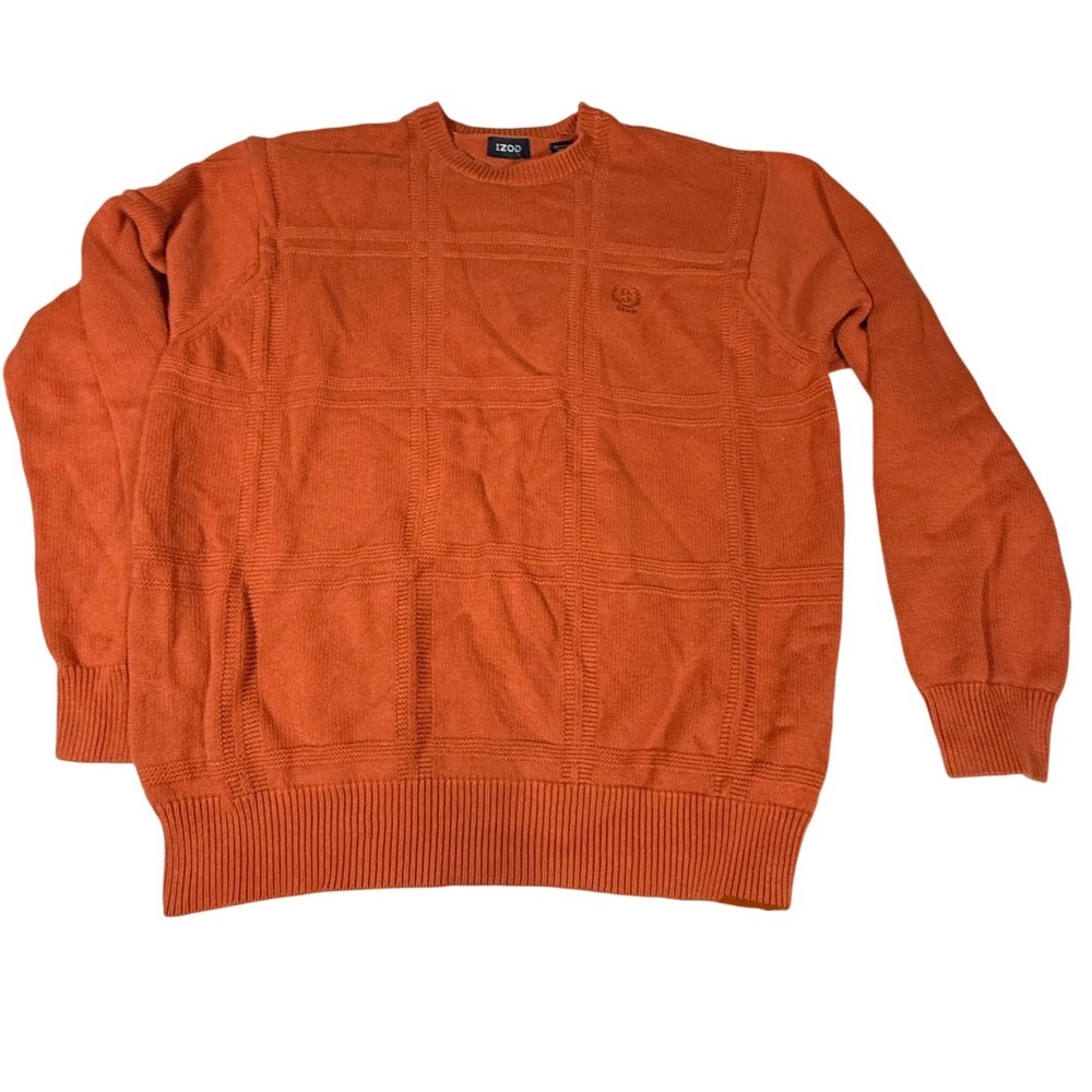 IZOD Cotton Sweater Mens Large Orange Windowpane Knit Crewneck Hong Kong